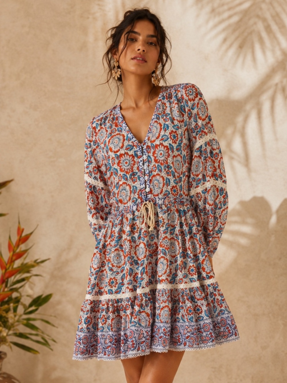 BELL BY ALICIA BELL Silk & Cotton Blend Blue and White Long Sleeve Flare Dress